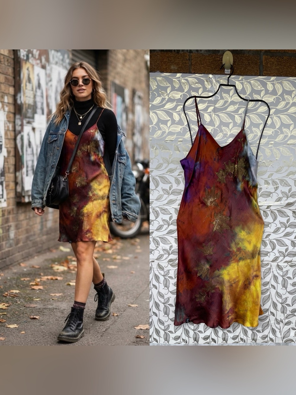 Silk Road Spaceship 100% Silk Leaf Print Slip Dress Large Whimsigoth